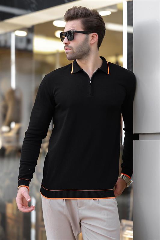 MDX Black Zippered Polo Collar Sweater with Striped Detail Long Sleeves 7267 - Kokomo