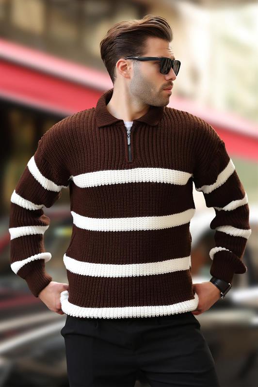 MDX Brown Zippered Polo Collar Striped Long Sleeve Sweater 7283 - Civitanova Marche