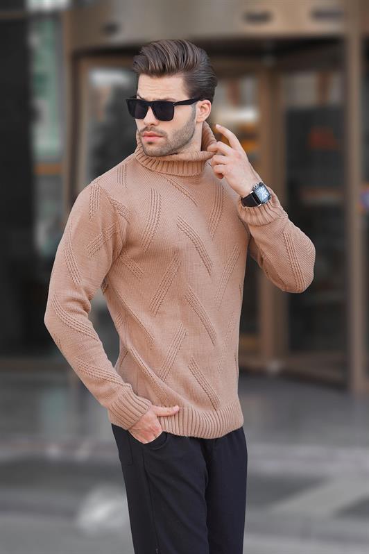MDX Camel High Neck Long Sleeve Patterned Knit Sweater 7279 - Carpentersville