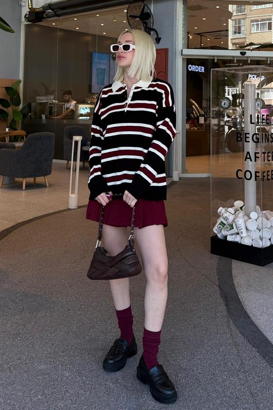 MDX Black Striped Buttoned Polo Neck Women's Sweater MG2280 - Pisa
