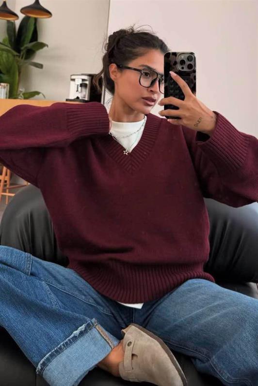 MDX Koyu Bordo V Yaka Oversize Kadın Triko Kazak MG2149 - Royal Palm Beach