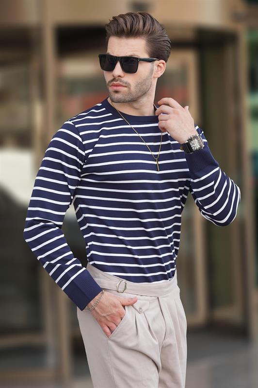 MDX Navy Blue Striped Sweater with Bicycle Neckline 7241 - Kempen