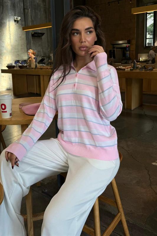 MDX Pembe Çizgili Polo Yaka Düğmeli Kadın Kazak MG2561 - Karlsruhe