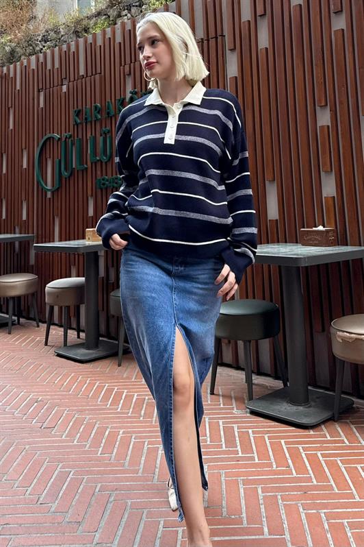 MDX Lacivert Çizgili Polo Yaka Kadın Kazak Mg2476 - Ixtapaluca