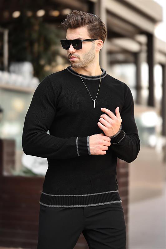 MDX Black Sweater with Bicycle Collar Stripe Detail Long Sleeve Knit Sweater 7245 - Santa Eulalia del Río