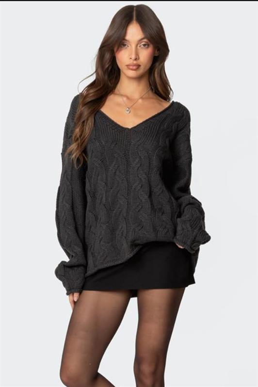 MDX Antrasit V Yaka Örgü Desen Oversize Kadın Kazak Mg2519 - Isla