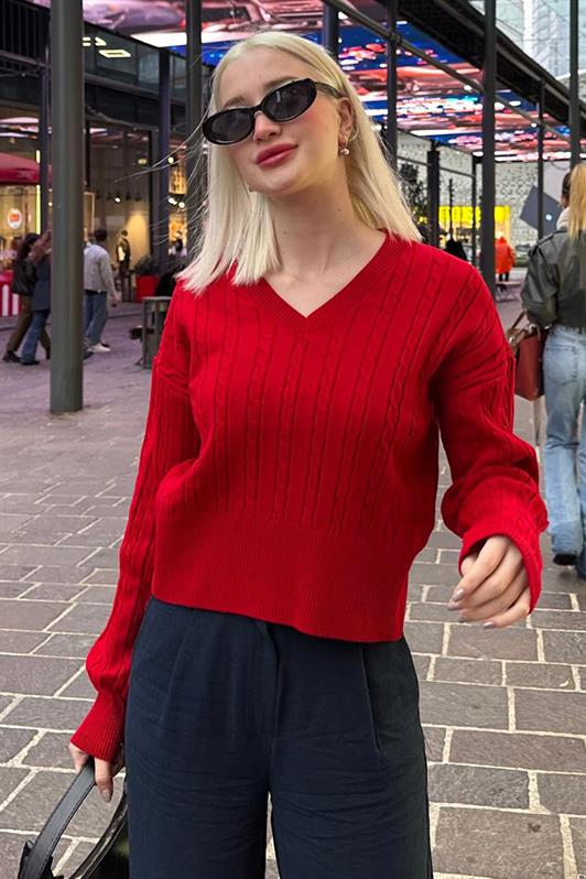 MDX Red V Neck Cable Knit Women's Sweater MG2258 - Akron