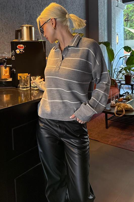 MDX Gri Çizgili Polo Yaka Kadın Triko Kazak MG2470 - Tuttlingen