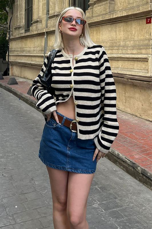 MDX Beige Striped Bicycle Collar Gold Button Detailed Cotton Cardigan MG1605 - Salaberry-de-Valleyfield