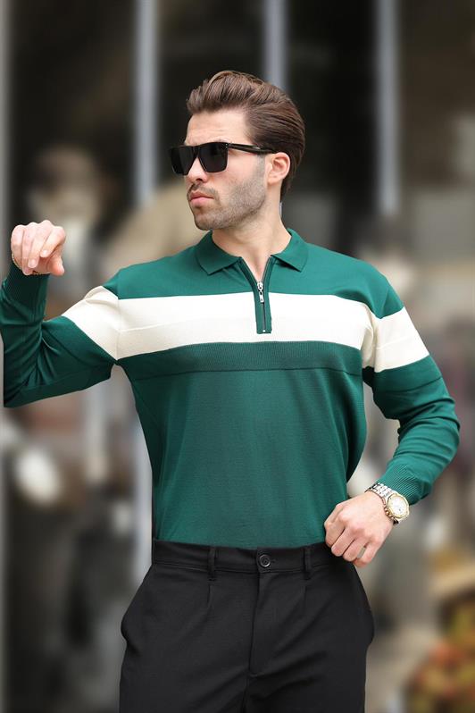 MDX Green Zippered Polo Collar Striped Long Sleeve Sweater E7288 - Veenendaal