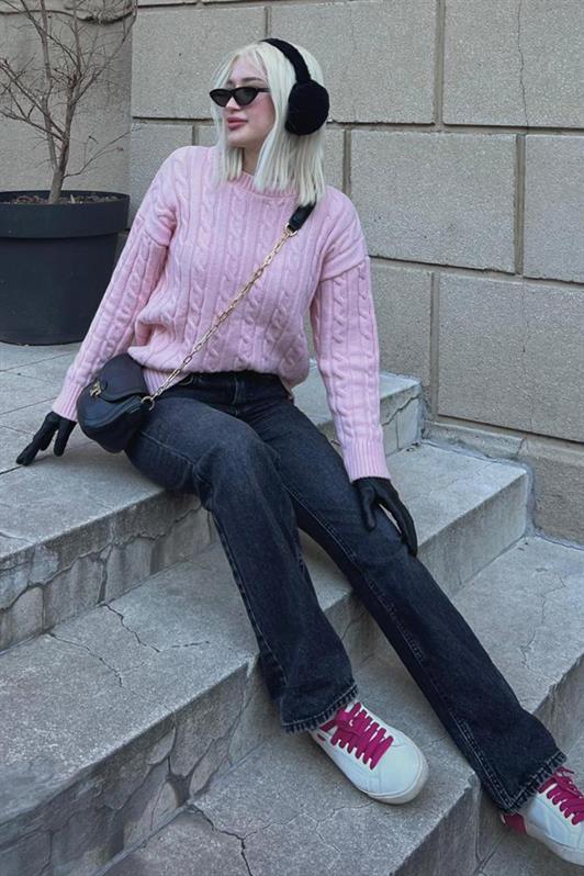 MDX Pink Fisherman Collar Braided Knit Sweater Mg2336 - Melitopol