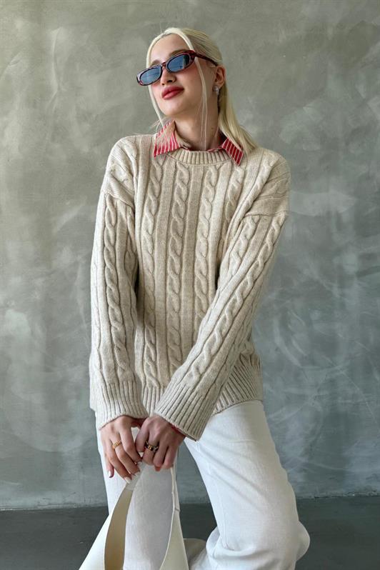 MDX Ecru Fisherman Collar Braided Knit Sweater Mg2336 - San Miguel de Allende