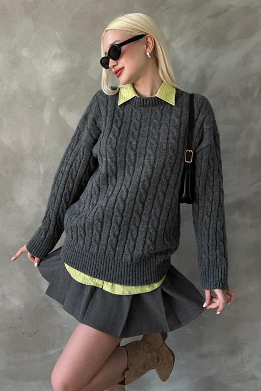 MDX Anthracite Fisherman Collar Braided Knit Sweater Mg2336 - El Pueblito