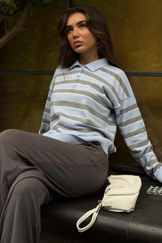 MDX Mavi Çizgili Polo Yaka Düğmeli Kadın Kazak MG2561 - Azuqueca de Henares