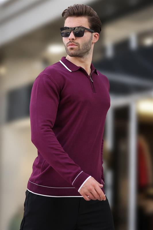 MDX Purple Zippered Polo Collar Sweater with Line Detail Long Sleeve 7267 - Acaxochitlán