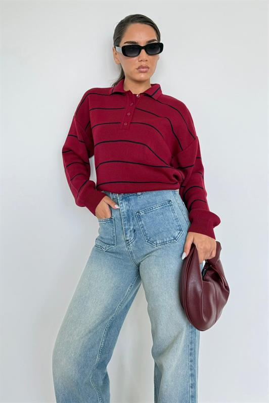 MDX Bordo Çizgili Polo Yaka Kadın Triko Kazak MG2470 - Apan