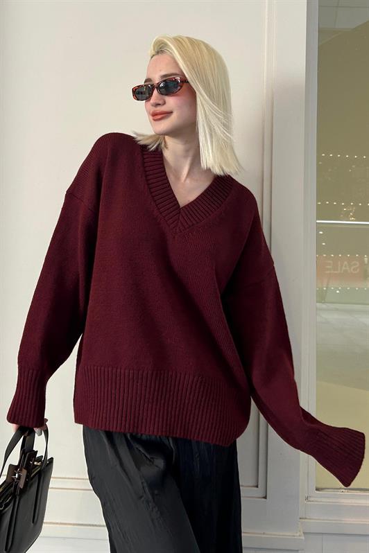 MDX Koyu Bordo V Yaka Oversize Kadın Triko Kazak MG2149 - Royal Palm Beach