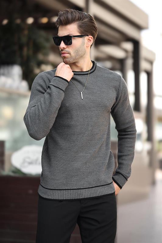 MDX Anthracite Bicycle Neck Stripe Detailed Long Sleeve Knit Sweater 7245 - Gloucester