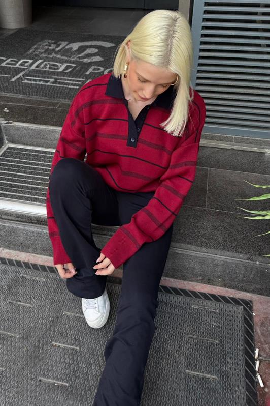 MDX Bordo Çizgili Polo Yaka Kadın Kazak Mg2476 - Swindon