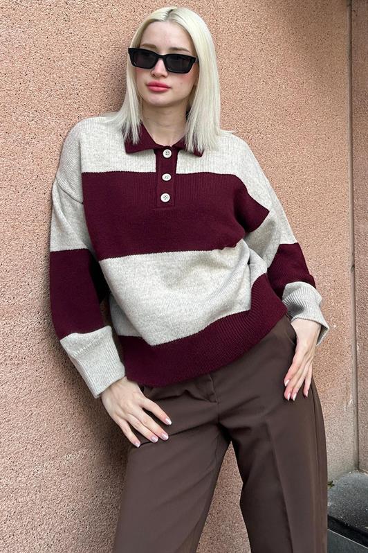 MDX Burgundy Buttoned Polo Neck Striped Women's Sweater Mg2286 - Montclair