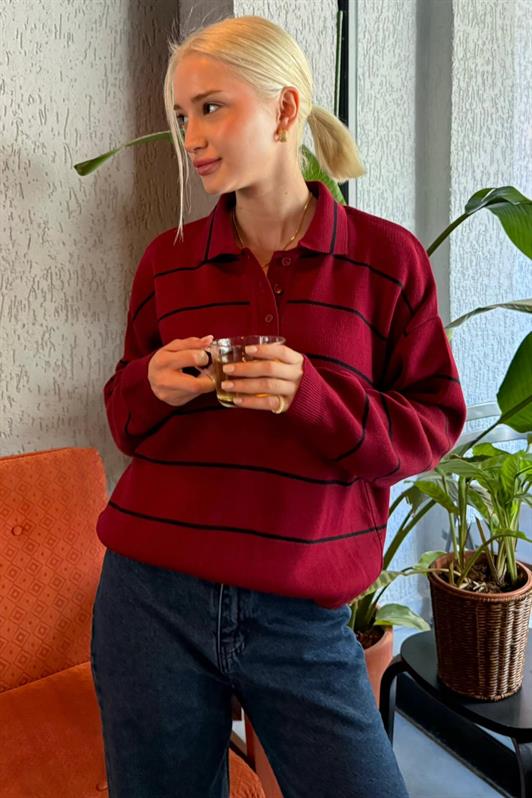 MDX Bordo Çizgili Polo Yaka Kadın Triko Kazak MG2470 - Apan