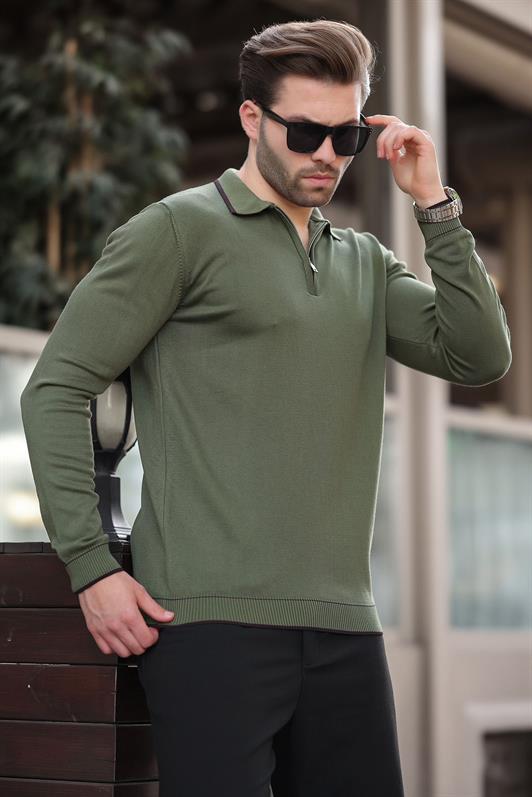 MDX Haki Zippered Polo Neck Sweater with Line Detail Long Sleeve 7267 - Ninove
