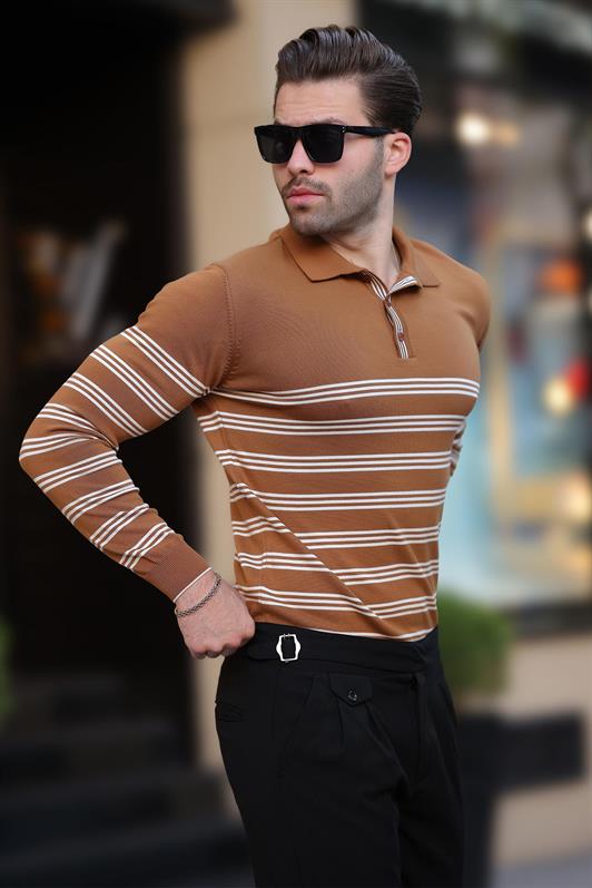 MDX Brown Buttoned Polo Collar Striped Long Sleeve Sweater 7270 - Santarém