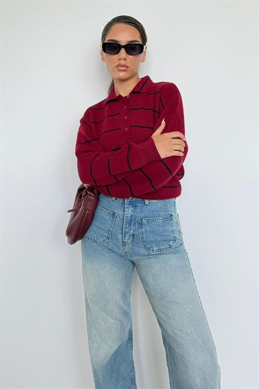 MDX Bordo Çizgili Polo Yaka Kadın Triko Kazak MG2470 - Apan