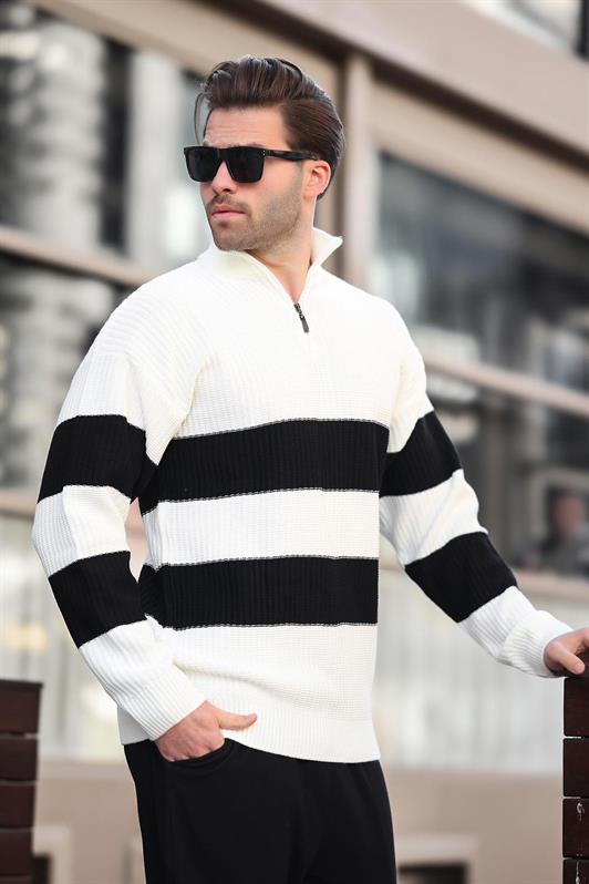 MDX Ecru Zip Neck Striped Men's Sweater E7272 - Eschweiler