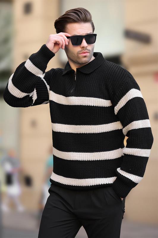 MDX Black Zippered Polo Collar Striped Long Sleeve Sweater 7283 - The Colony