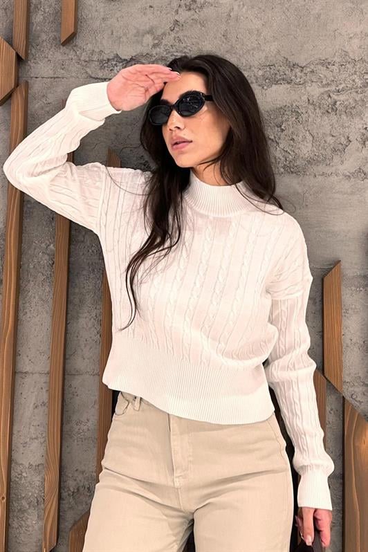 MDX Bone Color Half Fisherman Collar Braided Knit Women's Sweater MG2257 - Padova
