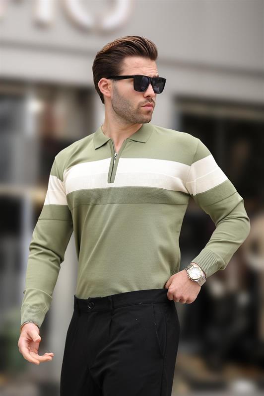 MDX Haki Zippered Polo Neck Striped Long Sleeve Sweater E7288 - Williamsburg