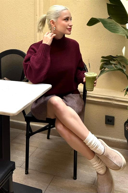 MDX Bordo Boğazlı Kadın Triko Kazak Mg2535 - Guaynabo