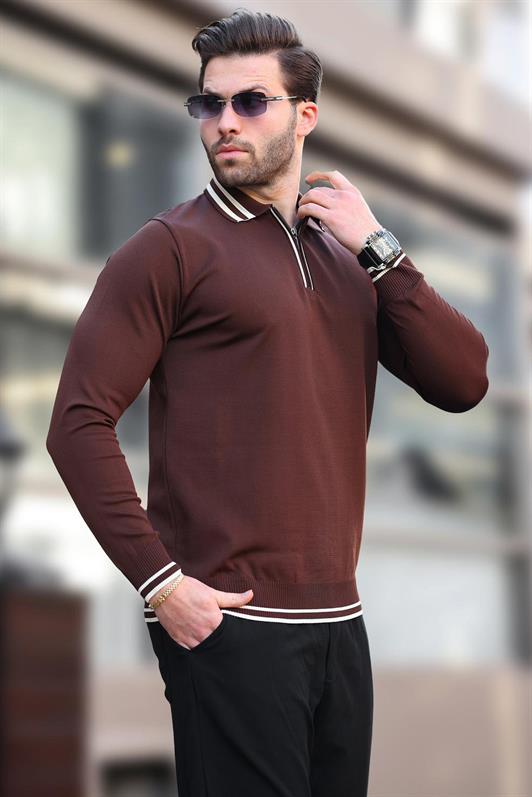 MDX Brown Zip Neckline Striped Detail Men's Sweater E7290 - Altamura