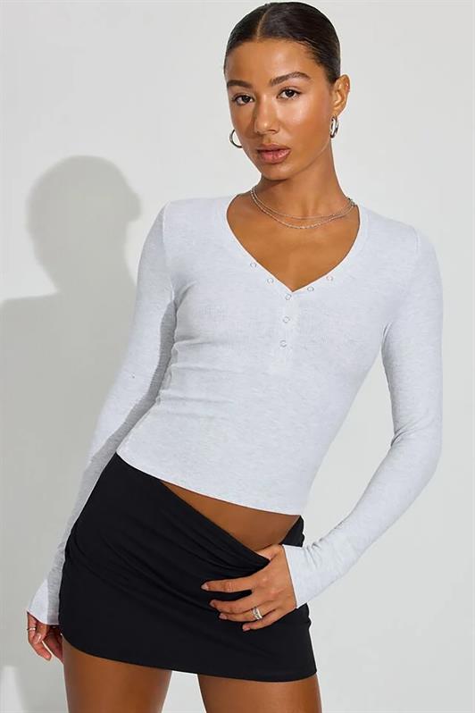 MDX Gray V Neck Long Sleeve Button Detail Bodysuit MG2194 - Toledo