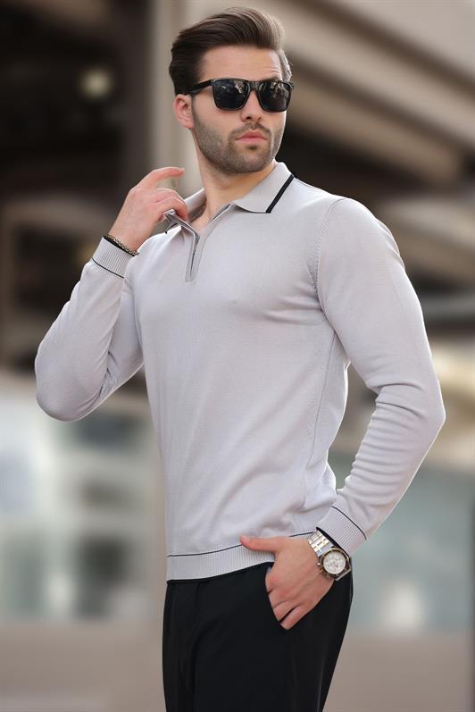MDX Gray Zippered Polo Collar Sweater with Line Detail Long Sleeve 7267 - Bordeaux