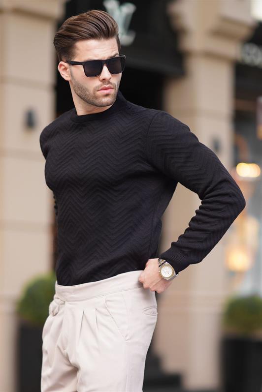 MDX Black Bicycle Collar Herringbone Patterned Long Sleeve Knitted Sweater 7219 - Playa del Carmen