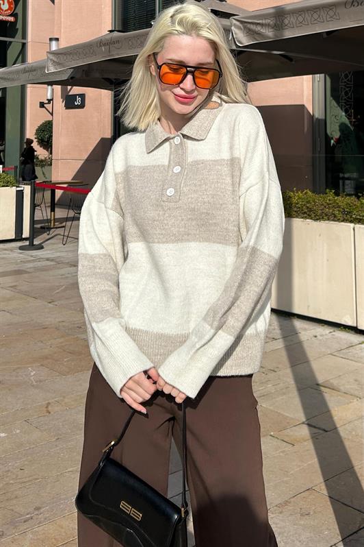 MDX Beige Buttoned Polo Neck Striped Women's Sweater Mg2286 - Cincinnati