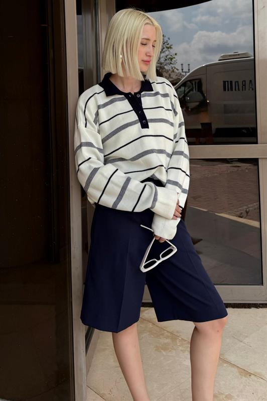 MDX Kemik Rengi Çizgili Polo Yaka Kadın Kazak Mg2476 - Atascocita