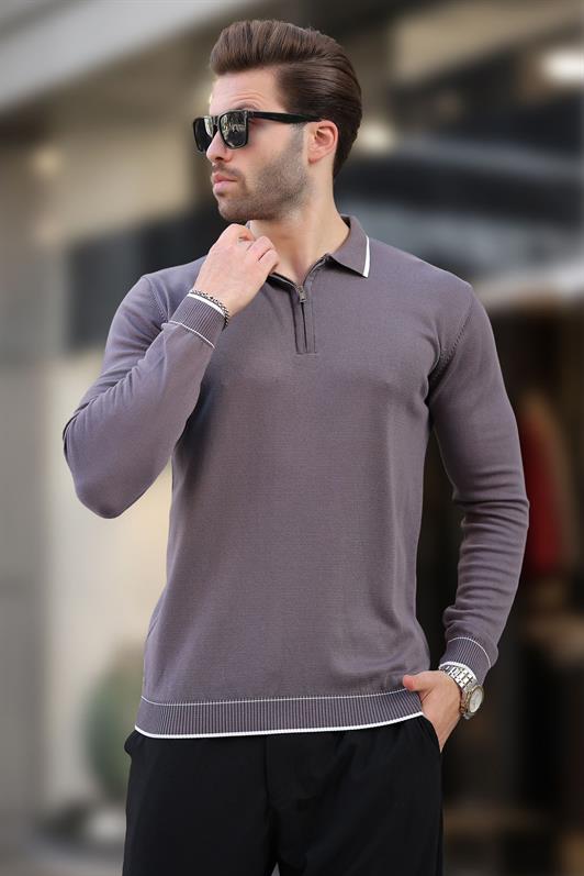 MDX Dark Grey Zippered Polo Collar Sweater with Line Detail Long Sleeves 7267 - Constanţa