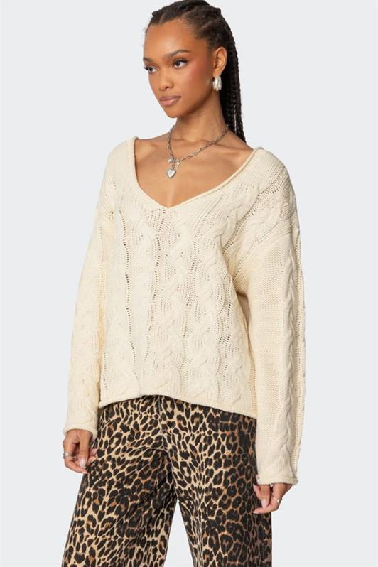 MDX Ecru V-Neck Knitted Pattern Oversized Women's Sweater Mg2519 - Rahovec