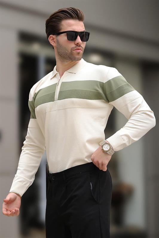 MDX Beige Zippered Polo Collar Striped Long Sleeve Sweater E7288 - Iormughanlo