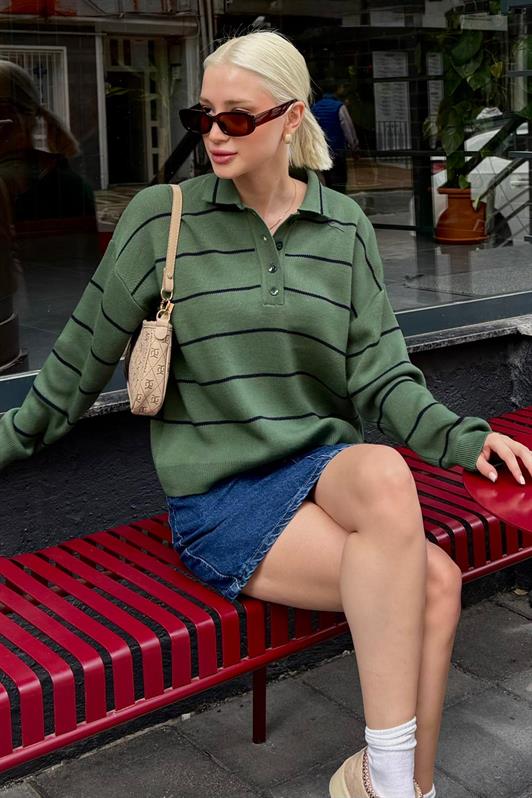 MDX Melanj Yeşili Çizgili Polo Yaka Kadın Triko Kazak MG2470 - Paraíso