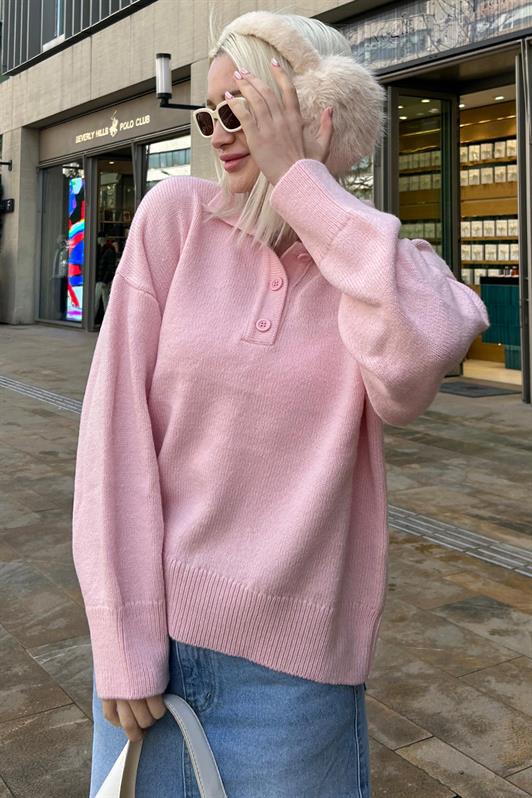 MDX Pink Buttoned Polo Neck Women's Sweater Mg2307 - Greece