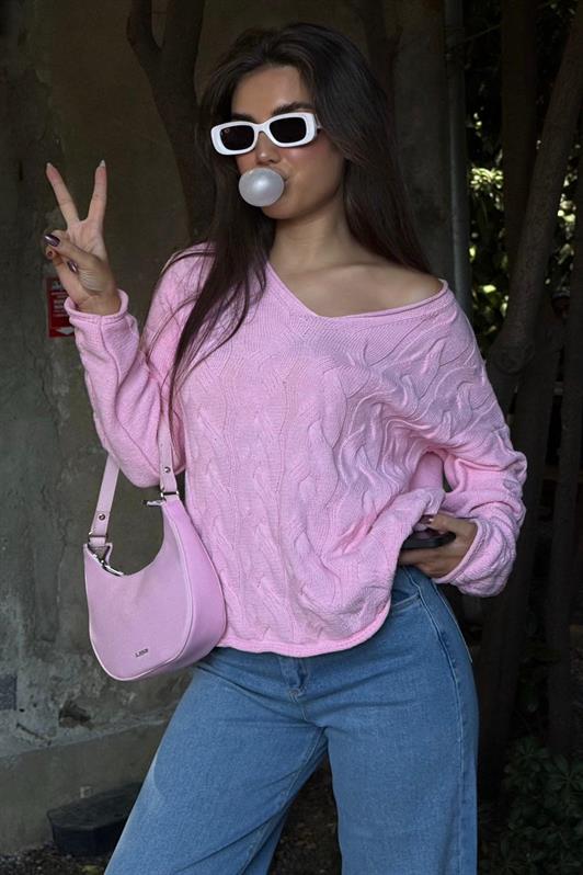 MDX Pembe V Yaka Örgü Desen Oversize Kadın Kazak Mg2519 - Brasschaat