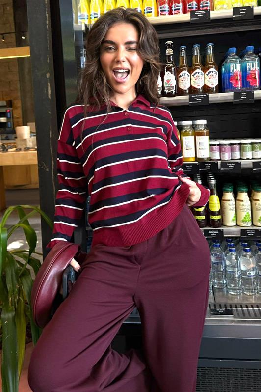 MDX Burgundy Striped Polo Neck Buttoned Women's Sweater MG2561 - Brindisi