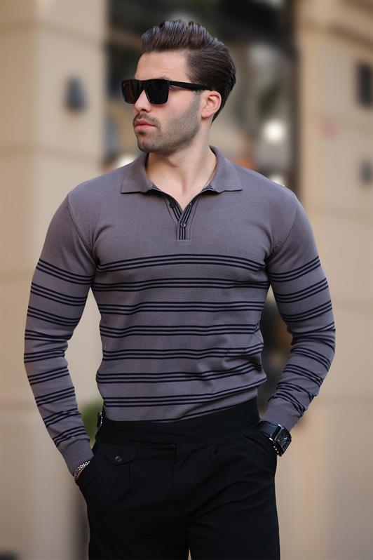 MDX Gray Buttoned Polo Collar Striped Long Sleeve Sweater 7270 - Palm Beach Gardens