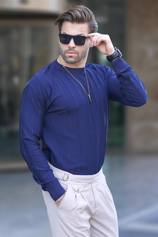 MDX Navy Blue Striped Long Sleeve Sweater with Bicycle Neckline 7244 - Sunderland