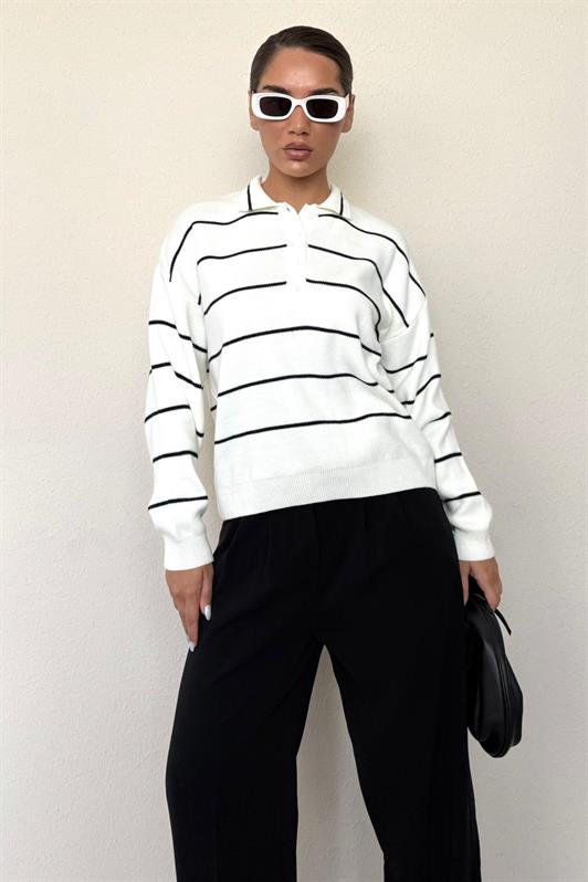 MDX Kemik Rengi Çizgili Polo Yaka Kadın Triko Kazak MG2470 - Maricopa