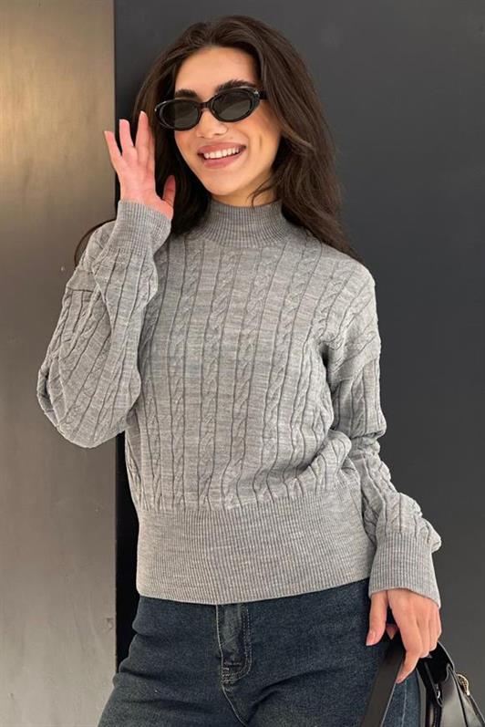 MDX Gray Half Fisherman Collar Braided Knit Women's Sweater MG2257 - Hayward